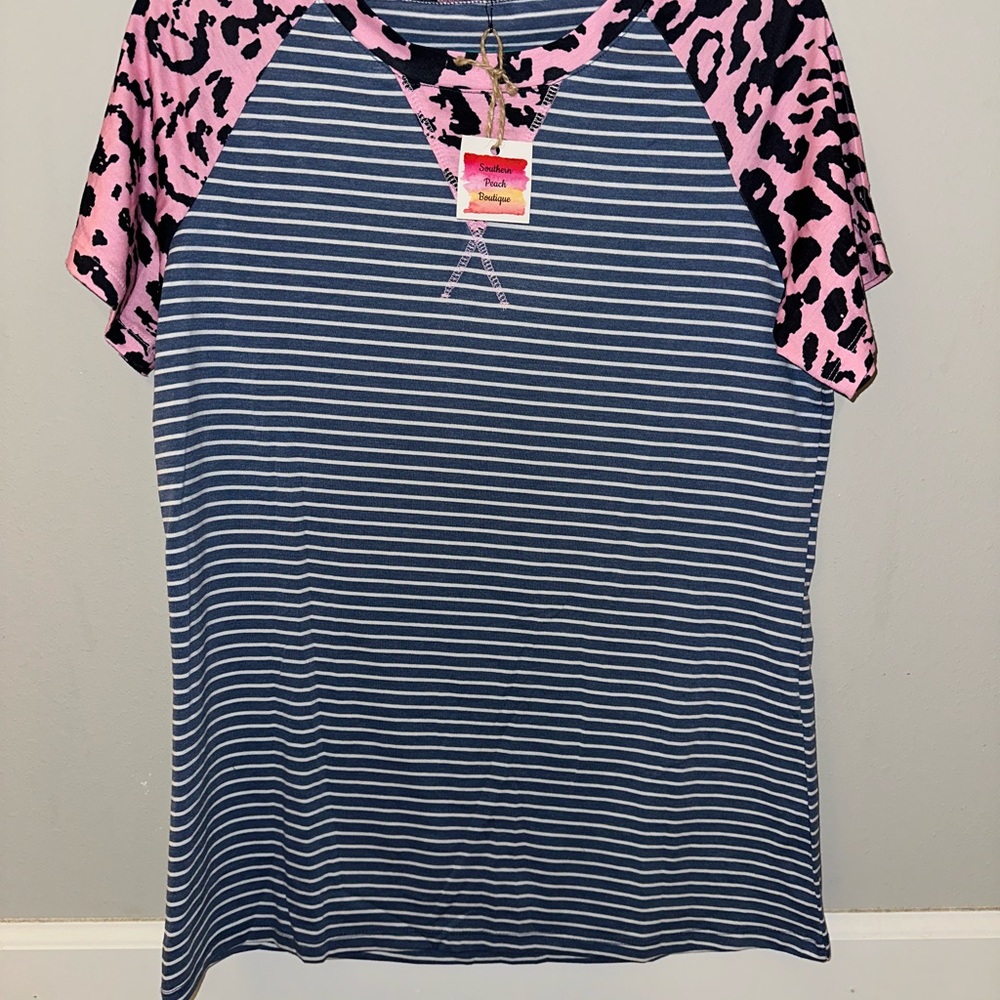 BiBi Blue and White Raglan Short Sleeve Tee